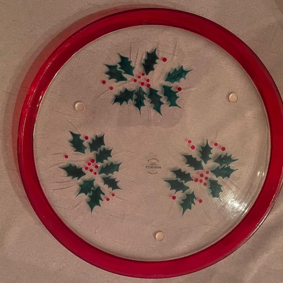 Gorham "Festive Holly" 11" Round Glass Plate 11 7/8" diameter, GUC - Picture 6 of 9